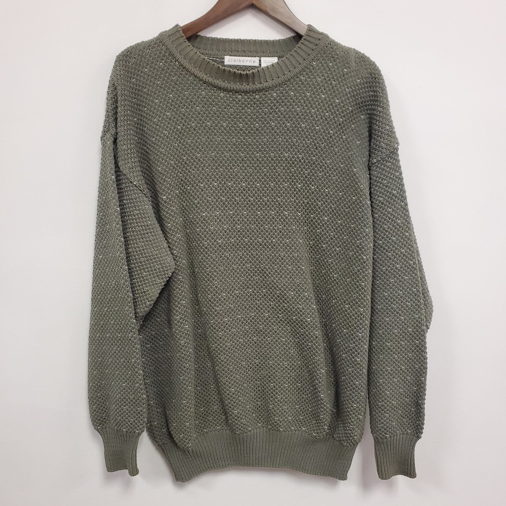 Vtg Claiborne Mens Birdseye Crew‎ Neck Sweater Size M Green Preppy Granpacore